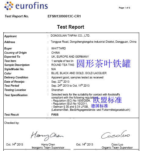 Eurofin test report for tea tins