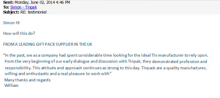 UK tin box importer's reference letter