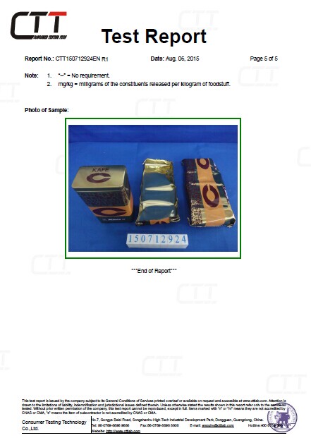 LFGB test for coffee tin 
