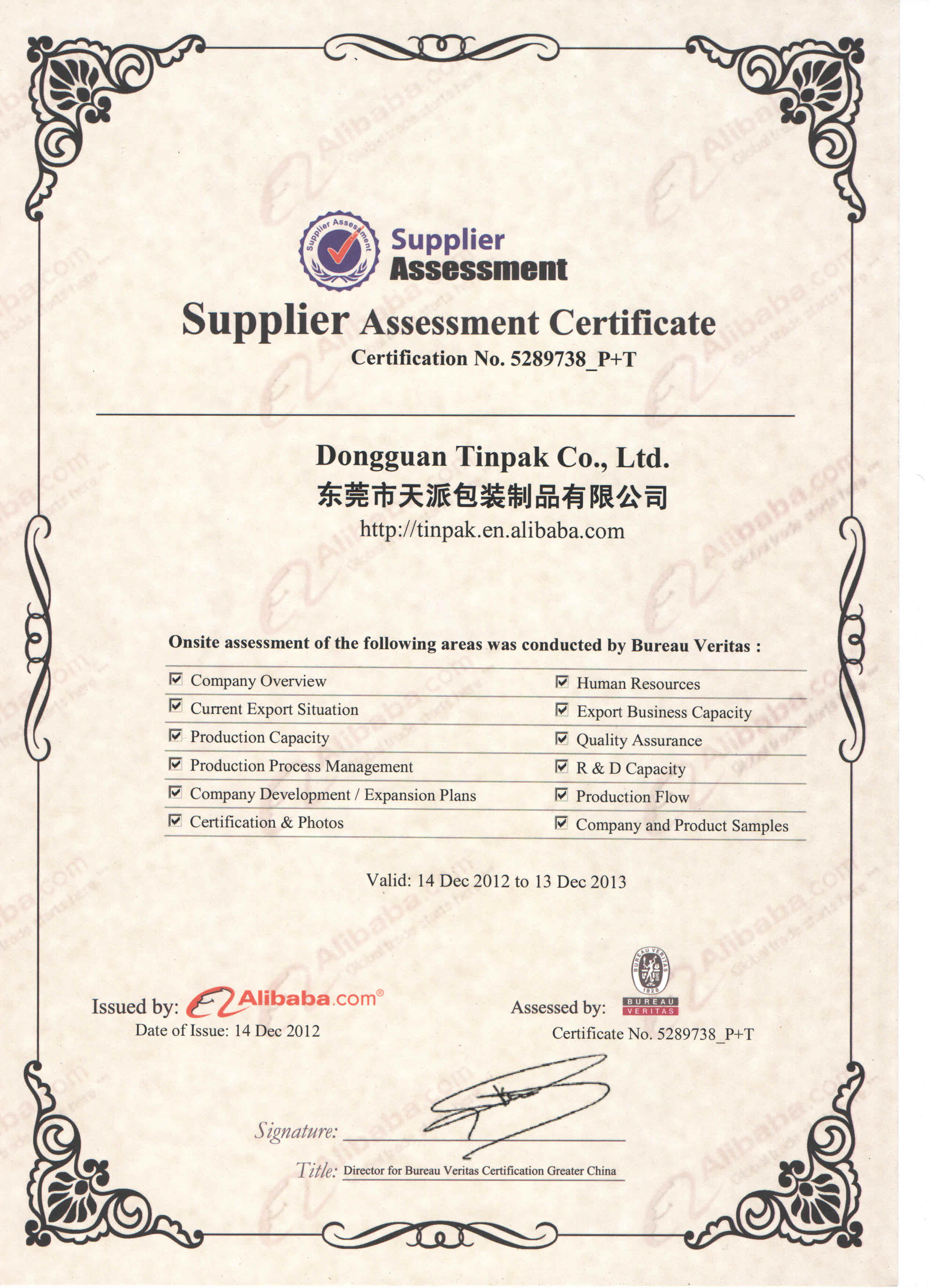 BV issued Supplier Assessment