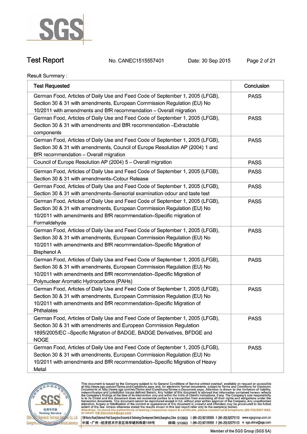 Food Safe SGS Test Report for Airtight Coffee Tins