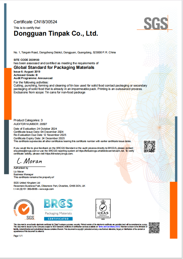 Tinpak Re-newed 2025 BRC and Sedex 4P certificate.