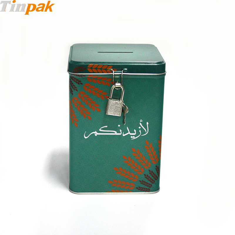 Antique square money tin bank with clok manufacturer