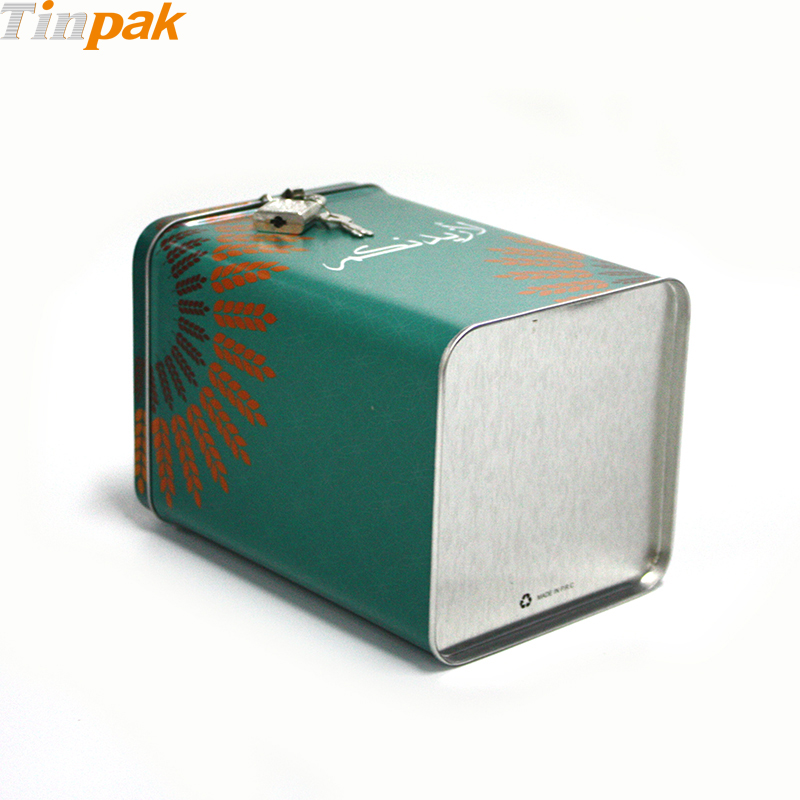 Antique square money tin bank with clok manufacturer
