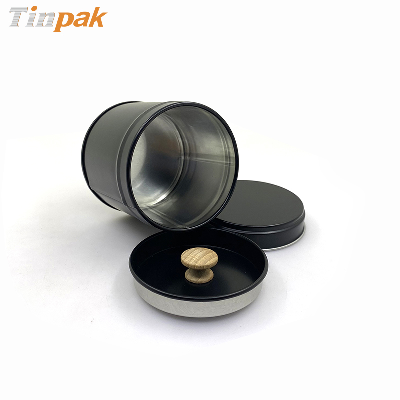 Black round shape spices storage metal box with inner lids