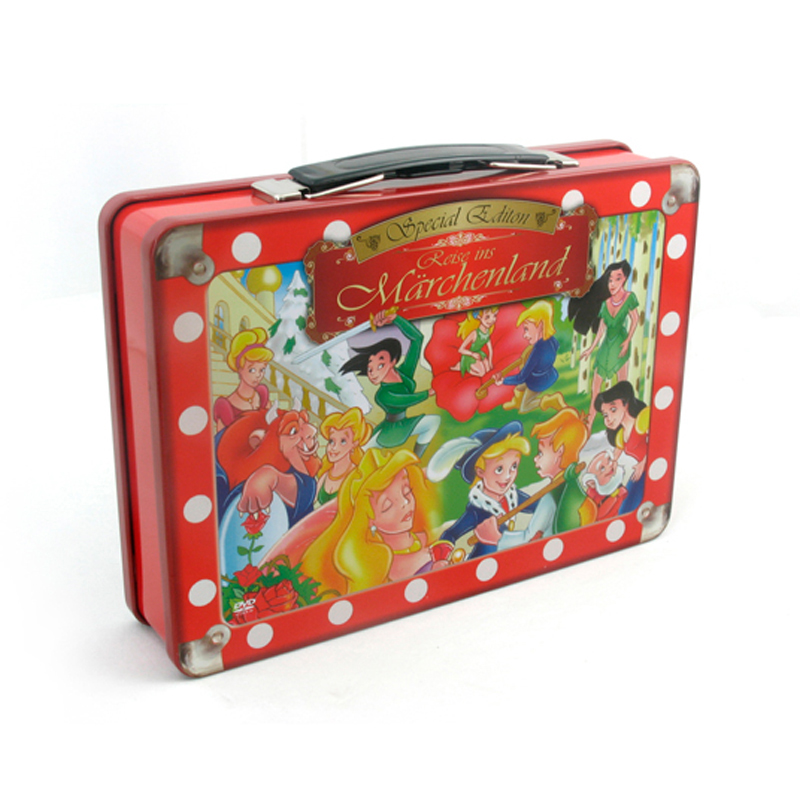 metal tin container with hinge and handle